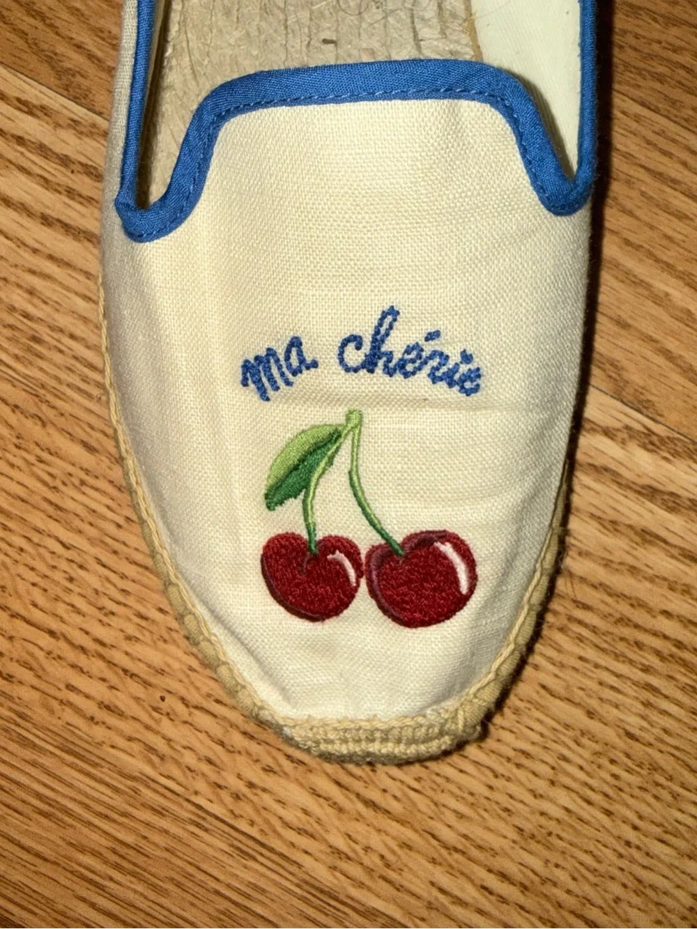 Soludos Ma Chérie Cherry Embroidered Espadrilles in White with Blue Trim